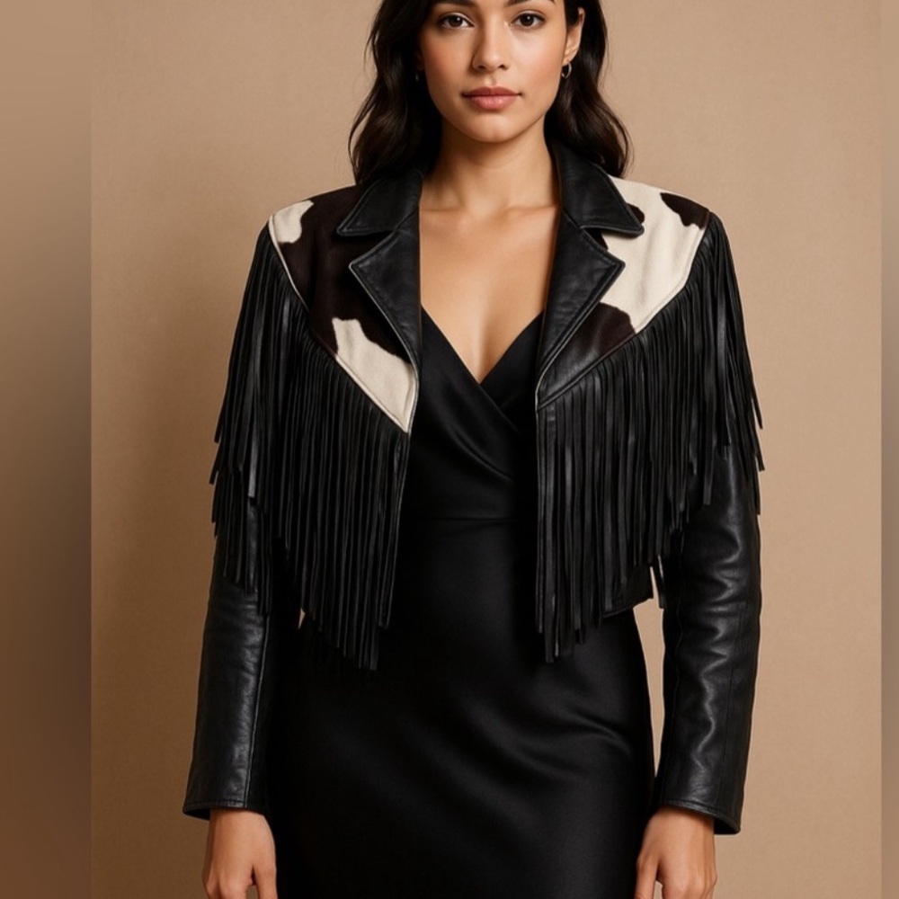 Continental Leather Fashions cowhide fringe cropped  jacket M